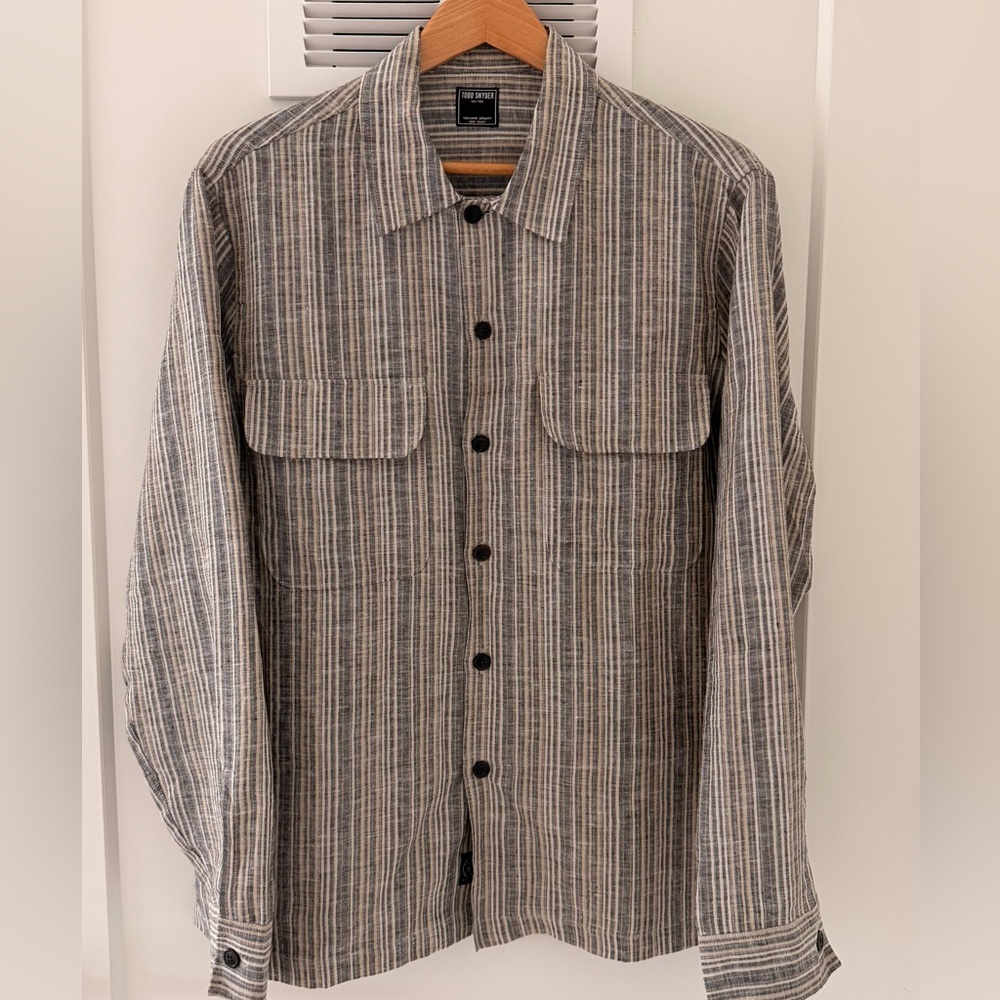 Todd Snyder Navy and White Linen Striped Shirt